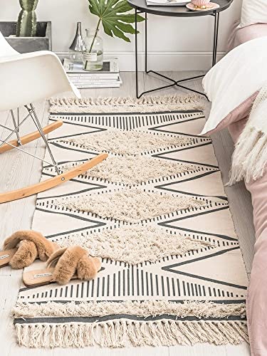 INKAROBOX Baumwolle Teppich Getuftet Baumwollteppich Waschbar mit Quasten, gewebter geometrischer Shag-Überwurf, Boho-Bereichsteppich für Waschküche/Schlafzimmer (Beige, 60 x 90 cm) von INKAROBOX