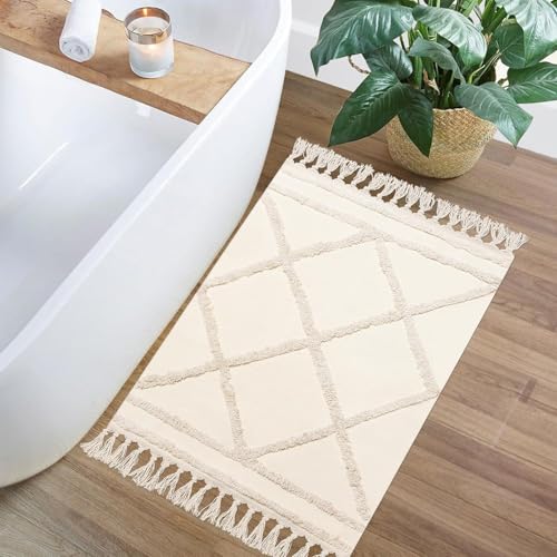 INKAROBOX Teppich Läufer Flur, Boho Beige Getuftet Baumwollteppich mit Gewebt Quasten, Waschbarer Teppich für Badezimmer Küche Wohnzimmer Schlafzimmer Flur Esszimmer (Beige, 90 x 60 cm (Rechteckig)) von INKAROBOX