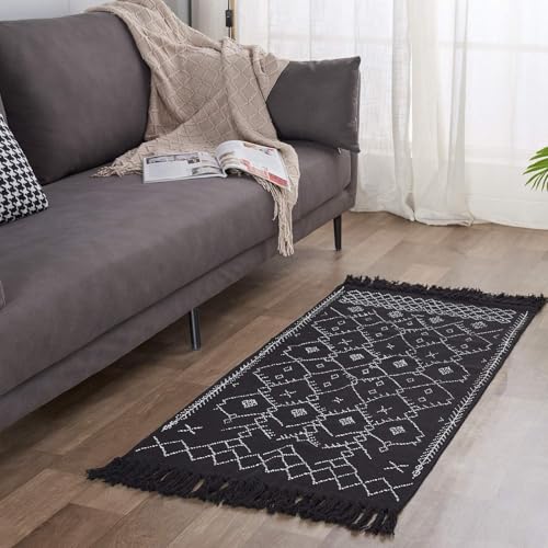 INKAROBOX Teppiche aus Baumwolle mit Quaste Gewebte Baumwolle Wurf Teppich Läufer für Küche, Wohnzimmer, Schlafzimmer, Waschküche, Eingangsbereich (schwarz Rhombus, 60 x 130 cm) von INKAROBOX