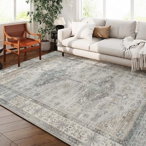 INKAROBOX Waschbare Flächenteppiche mit Boho Muster Teppich, rutschfeste Rückseite, schmutzabweisend, Vintage-Stil, für Wohnzimmer und Schlafzimmer (Grey Greenish, 80 x 160 cm) von INKAROBOX