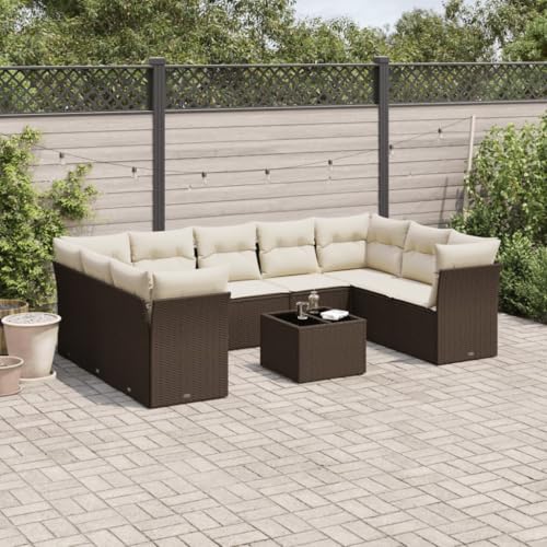 INLIFE 10-TLG. Garten-Sofagarnitur mit Kissen Braun Poly Rattan,Möbel,Gartenmöbel,Gartenmöbel-Sets,Braun und Creme,86.2 KG,3249982 von INLIFE