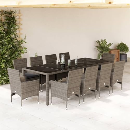 INLIFE 11-TLG. Garten-Essgruppe mit Kissen Grau Poly Rattan Glas,Möbel,Gartenmöbel,Gartenmöbel-Sets,Grau,114.8 KG,3278592 von INLIFE