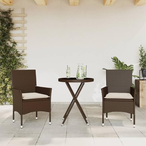 INLIFE 3-TLG. Bistro-Set mit Kissen Braun Poly Rattan und Glas,Möbel,Gartenmöbel,Gartenmöbel-Sets,Braun,22.4 KG,3278749 von INLIFE
