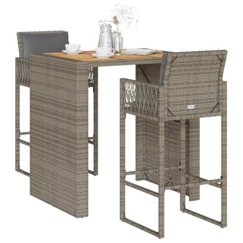 INLIFE 3-TLG. Gartenbar-Set mit Kissen Grau Poly Rattan Akazie,Möbel,Gartenmöbel,Gartenmöbel-Sets,Grau,35.4 KG,3328897 von INLIFE