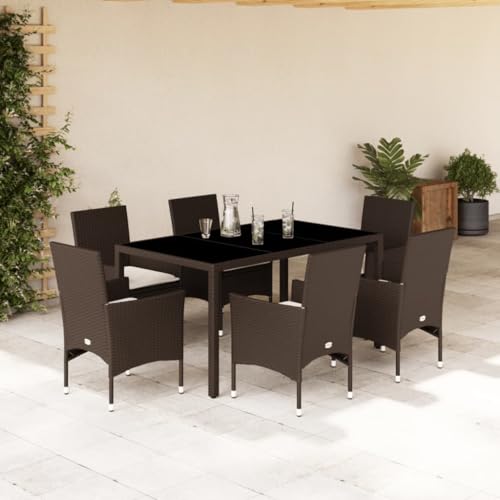 INLIFE 7-TLG. Garten-Essgruppe mit Kissen Braun Poly Rattan und Glas,Möbel,Gartenmöbel,Gartenmöbel-Sets,Braun,63.2 KG,3278552 von INLIFE