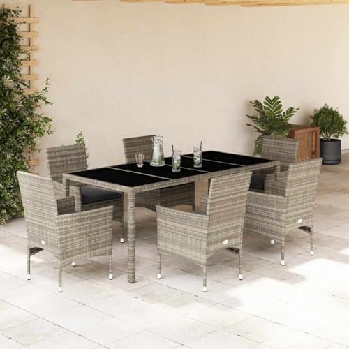 INLIFE 7-TLG. Garten-Essgruppe mit Kissen Hellgrau Poly Rattan & Glas,Möbel,Gartenmöbel,Gartenmöbel-Sets,Grau,69.2 KG,3278577 von INLIFE