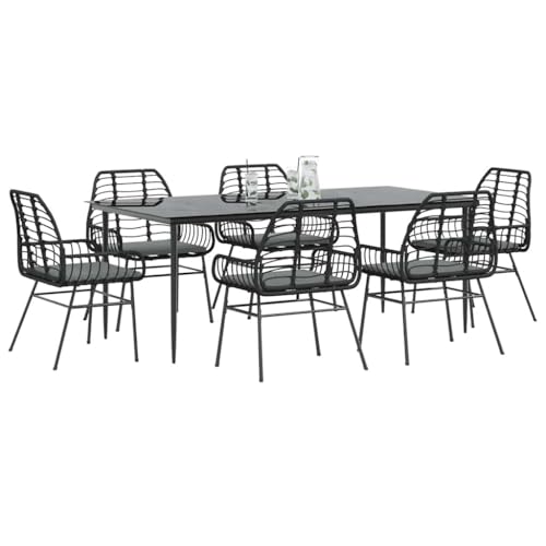 INLIFE 7-TLG. Garten-Essgruppe mit Kissen Schwarz Poly Rattan Glas,Möbel,Gartenmöbel,Gartenmöbel-Sets,Schwarz,70 KG,3334455 von INLIFE