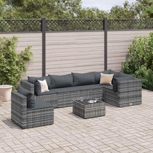 INLIFE 7-TLG. Garten-Lounge-Set mit Kissen Grau Poly Rattan,Möbel,Gartenmöbel,Gartenmöbel-Sets,Grau,48.15 KG,3308178 von INLIFE