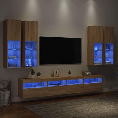 INLIFE 7-TLG. TV-Wohnwand mit LED-Leuchten Sonoma-Eiche,Möbel,TV-Möbel,Braun,101.58 KG,3216773 von INLIFE