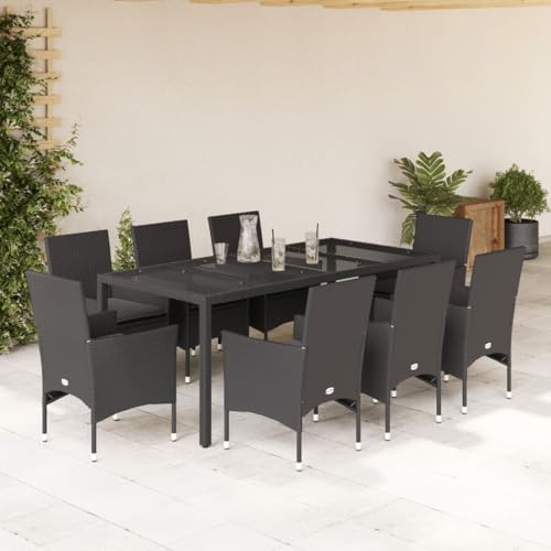 INLIFE 9-TLG. Garten-Essgruppe mit Kissen Schwarz Poly Rattan und Glas,Möbel,Gartenmöbel,Gartenmöbel-Sets,Schwarz,83.2 KG,3278548 von INLIFE