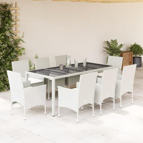INLIFE 9-TLG. Garten-Essgruppe mit Kissen Weiß Poly Rattan und Glas,Möbel,Gartenmöbel,Gartenmöbel-Sets,Weiß,82.6 KG,3278584 von INLIFE