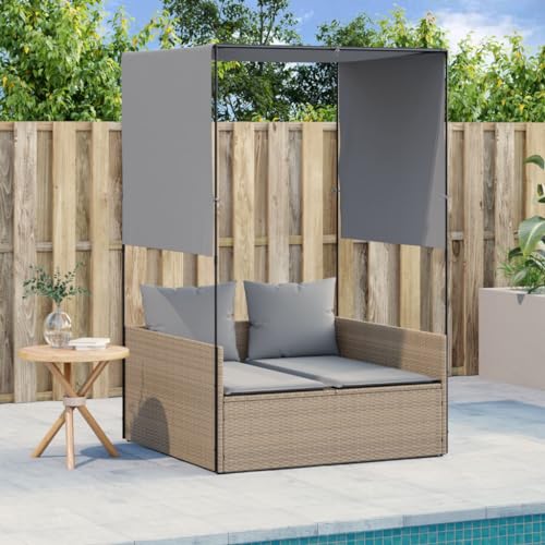 INLIFE Doppel-Sonnenliege mit Dach und Vorhängen Beige Poly Rattan,Möbel,Gartenmöbel,Gartensitzmöbel,Sonnenliegen,Beige,21.2 KG,4002758 von INLIFE