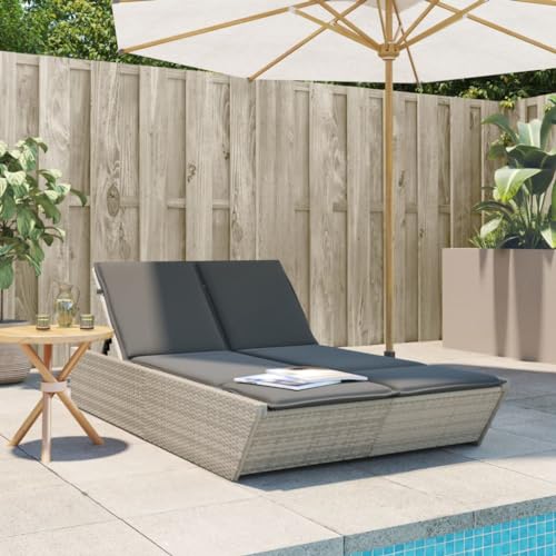 INLIFE Doppel-Sonnenliege mit Kissen Hellgrau Poly Rattan,Möbel,Gartenmöbel,Gartensitzmöbel,Sonnenliegen,Grau,27 KG,368184 von INLIFE