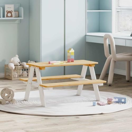 INLIFE Kindertisch mit Bänken iRun Weiß 90x79,5x50 cm Massivholz,Möbel,Tische,Weiß,10.9 KG,42000164 von INLIFE