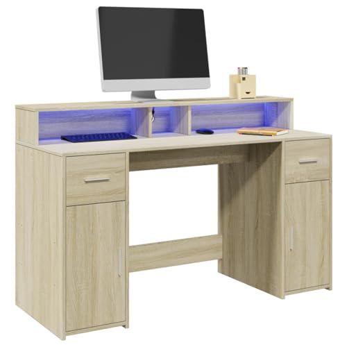 INLIFE LED-Schreibtisch Sonoma-Eiche 140x55x91 cm Holzwerkstoff,Möbel,Büromöbel,Schreibtische,Braun,55 KG,3309422 von INLIFE