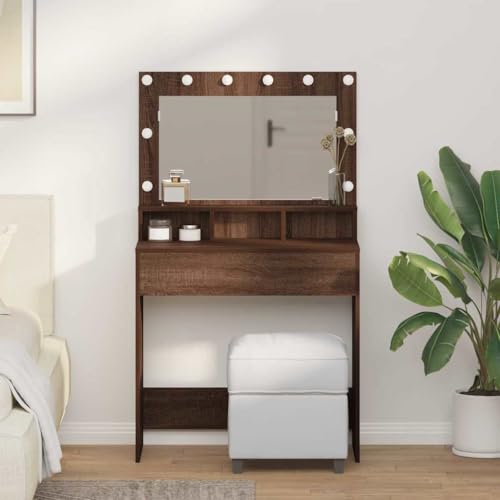 INLIFE Schminktisch Braunes Eichenholz 79 x 41 x 135 cm Holzwerkstoff,Möbel,Schränke,Spiegel- & Waschbeckenunterschränke,Schminktische,Braun,25.1 KG,865115 von INLIFE