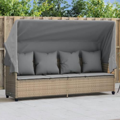 INLIFE Sonnenliege mit Dach und Kissen Beige Poly Rattan,Möbel,Gartenmöbel,Gartensitzmöbel,Sonnenliegen,Beige und Grau,25 KG,368356 von INLIFE
