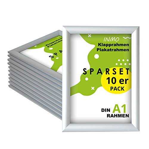 INMO Alu-Klapprahmen DIN A1 10 Stück mit Aluminium Profil ohne Glas - Klappbarer Bilderrahmen Silber - Fotorahmen für Bilder, Poster, Plakate - 62,50 x 87,20 cm Urkundenrahmen von INMO