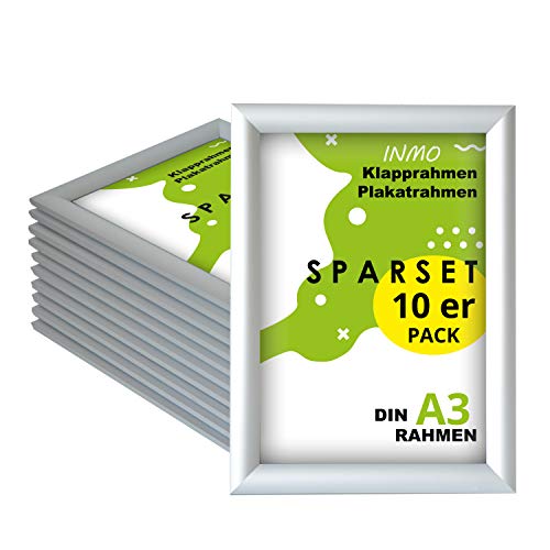 INMO Alu-Klapprahmen DIN A3 10 Stück mit Aluminium Profil ohne Glas - Klappbarer Bilderrahmen Silber - Fotorahmen für Bilder, Poster, Plakate - 32,60 x 45,10 cm Urkundenrahmen von INMO