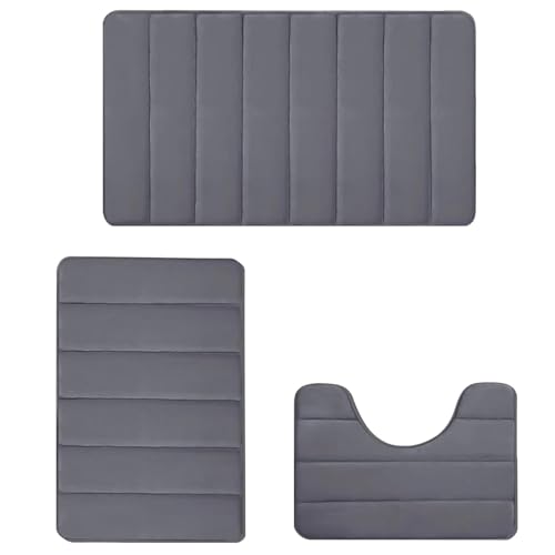 INMORVEN Badezimmerteppich Set 3-TLG – Streifen Korallenvelours mit U-Form (40x50U+40x60+40x60cm) Rutschfester waschbarer WC Vorleger (Grau) von INMORVEN