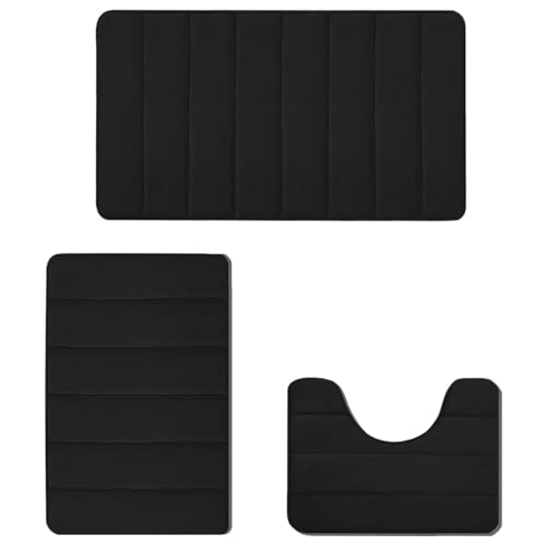 INMORVEN Badezimmerteppich Set 3-TLG – Streifen Korallenvelours mit U-Form (40x50U+40x60+40x60cm) Rutschfester waschbarer WC Vorleger (Schwarz) von INMORVEN