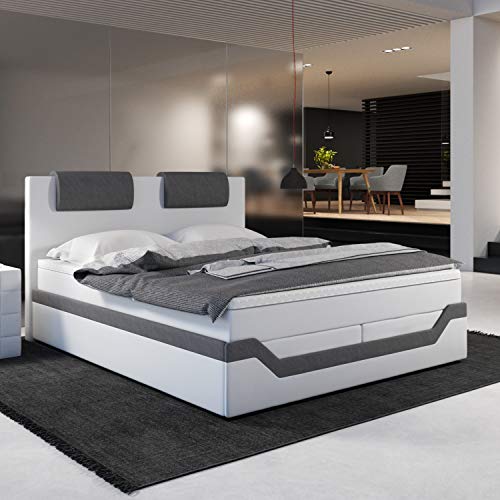 INNOCENT® - Barari | 140x200cm H3 | 7-Zonen & 3D-Air 6cm Topper | Designer Boxspringbett in Weiss Kunstleder/Stoff Grau | Hotelbett Designerbett in Härtegrad H3 von INNOCENT