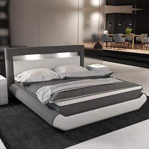 INNOCENT® - Cecina LED | 140x200cm H3 | 7-Zonen & 3D-Air 6cm Topper | Designer Boxspringbett in Weiss Kunstleder/Stoff Grau | Hotelbett Designerbett in Härtegrad H3 von INNOCENT