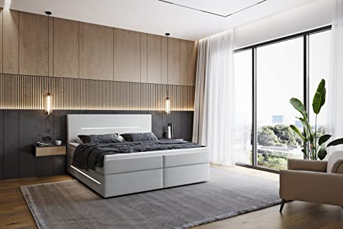 INNOCENT® - P4 LED | Boxspringbett 160x200 in Weiss Kunstleder | 7-Zonen & 3D-Air 6cm | Bonell-Federkernmatratze | H2 Härtegrad | Boxbett für Hotels | HB00 von INNOCENT