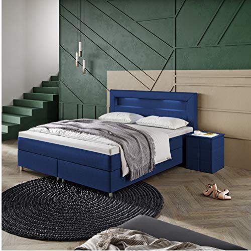 INNOCENT® - P5 LED | Boxspringbett 200x200 in Navy Blau Stoff C19 | 2-Schicht Visco 6cm Topper | Bonell-Federkernmatratze | H3 Härtegrad | Boxspringbetten| HB03 von INNOCENT