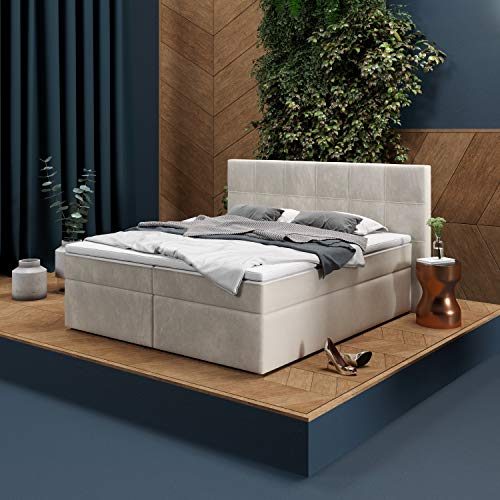 INNOCENT® - P8 | Boxspringbett 140x200 in Velvet Samt Beige/Creme V02 | Gel & Visco 7cm Topper | 7-Zonen Taschenfederkern | H2 / H3 Härtegrad | HB01| Designerbett von INNOCENT