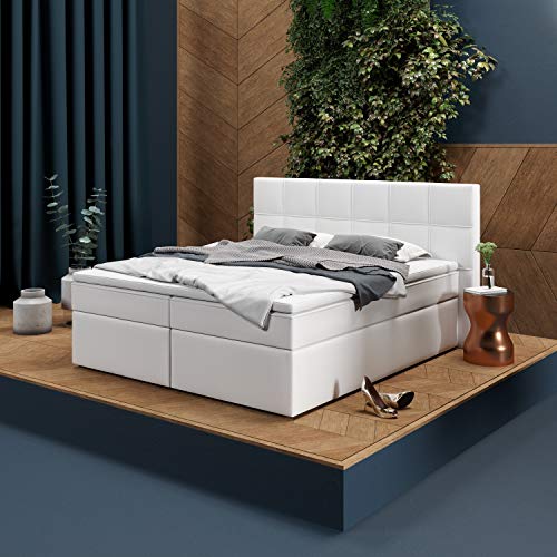 INNOCENT® - P8 | Boxspringbett 140x200 in Weiss Kunstleder | Gel & Visco 7cm Topper | 7-Zonen Taschenfederkern | H4 Härtegrad | HB01| Hotelbett von INNOCENT