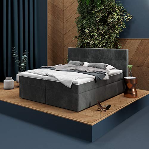 INNOCENT® - P8 | Boxspringbett 180x200 in Velvet Samt Grau V19 | Gel & Visco 7cm Topper | 7-Zonen Taschenfederkern | H3 / H4 Härtegrad | HB01| Boxbett von INNOCENT