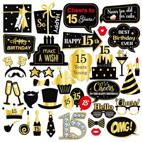 INNORU Foto-Requisiten zum 15. Geburtstag, Teenager-Geburtstag, lustige Geburtstagsparty, Fotografie-Requisiten, Gastgeschenk, fünfzehn Jahre alt, Tafelaufsatz, Dekoration, Schwarz und Gold, 35 Stück von INNORU
