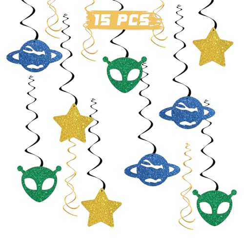 Weltraum hängende Wirbel, Raketenstern, Weltraum, Geburtstagsparty, Wirbel, Zubehör, Kindergeburtstag, Babyparty, Mittelalter-Motto-Party, Folie, Deckendekoration, Zubehör, 15 Stück Glitzer von INNORU