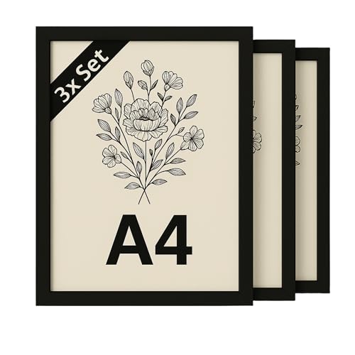 INNOVAHOME 3er-Set Bilderrahmen A4 Schwarz, Fotorahmen DIN A4 (21x29,7 cm) aus Echtholz, Matt, mit Bruchsicherem Acrylglas von INNOVAHOME FURNITURE BY W
