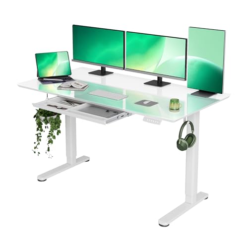 INNOVAR Glas Elektrischer Höhenverstellbarer Schreibtisch mit Schublade,140 x 70 cm Höhenverstellbarer Schreibtisch, Elektrischer Schreibtisch für Home Office,Standing Desk, Weiß von INNOVAR
