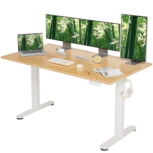 INNOVAR Höhenverstellbarer Schreibtisch 140x60 mit Einteilige Tischplatte aus Bambus, Elektrischer Stehschreibtisch, Computertisch Sitz/steh mit Memory Funktion und Kollisionschutz, Bambus Beige von INNOVAR