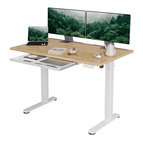 INNOVAR Höhenverstellbarer Schreibtisch aus Echtholz mit Schublade 120x60, Elektrischer Stehschreibtisch mit Einteilige Tischplatte, Computertisch Sitz/steh mit Memory Funktion, Beige von INNOVAR