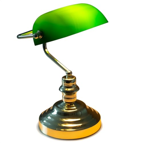 INNOVATE® Bankerlampe Grün – 36cm hohe Bürolampe E27 – englische Retro Schreibtischlampe Messing – 1,5m Kabel mit Kippschalter und Eurostecker – Bibliothekslampe Lampenschirm Glas Grün von INNOVATE