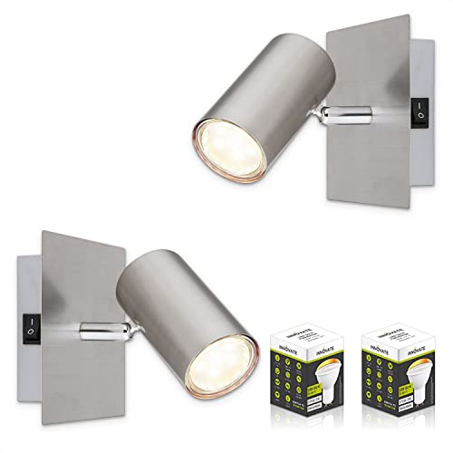 INNOVATE LED Wandleuchte mit Schalter | GU10 LED Spot schwenkbar | Aluminium Wandlampe Innen | Deckenstrahler dimmbar via Schalter | Lampe eckig inkl. 5W LED | Wandspot mit Schalter 2 Stk. Nickel von INNOVATE