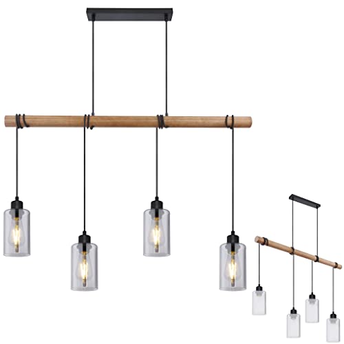 INNOVATE Pendelleuchte Holz & Glas 4 flammig – Klare Glaszylinder Hängelampe Vintage - 98cm breite Pendellampe schwarz mit E27 Fassung bis 60 Watt - Retro Hängeleuchte Esstisch 130cm von INNOVATE
