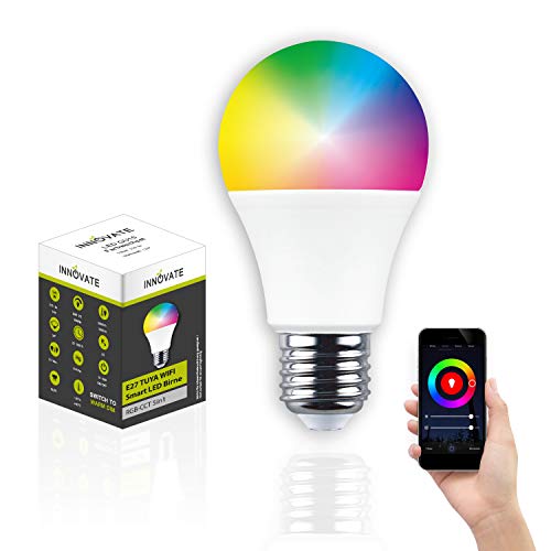 Smart WLAN LED E27 RGB-CCT 5in1 TUYA WIFI Glühbirne 10W ersetzt 50W Glühlampe Mehrfarbige E27 Dimmbare Intelligente Home Lampen [Einzelstück], steuerbar via TUYA App, Alexa – Google Assistant geeignet von INNOVATE
