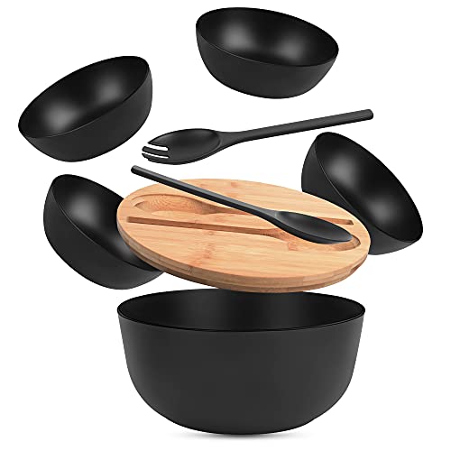 INNOVEST Salatschüssel mit Deckel Bambus mit Schneidebrett, Besteck, Salatbesteck-Inklusive 4 Servierschalen, Obstschüssel-Salad Bowl-Schüsselset-Snackschale- 3,5 l, Schwarz, 24,9 cm von INNOVEST