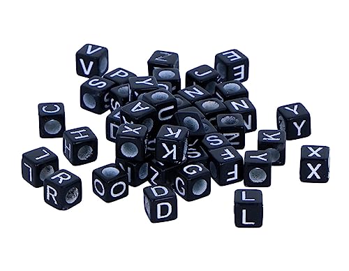 INNSPIRO Würfelperlen aus Kunststoff, schwarz, weiße Buchstaben, 6 x 6 mm, 300 U, Tasche zum Aufhängen von INNSPIRO