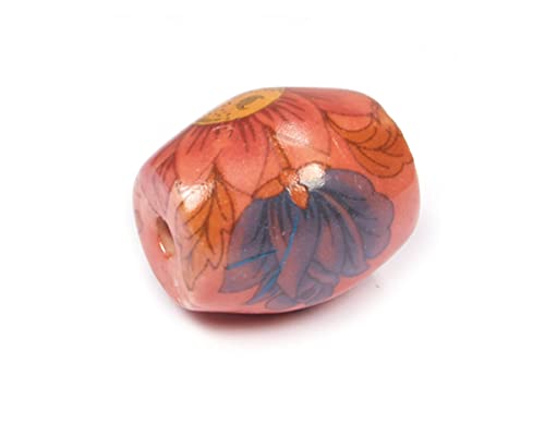 Rote ovale Keramik Perlen verziert mit roten und blauen Blumen Durchmesser. 21x24mm. 50u.. von INNSPIRO