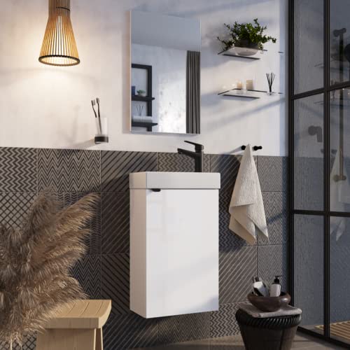 INOBA home Badezimmermöbel Set mit Spiegel - Weiß Hochglanz B:40 cm - Gäste WC Waschbecken mit Unterschrank - Kompakte Größe Waschtischunterschrank Hängend - GIZO Kollektion von INOBA home