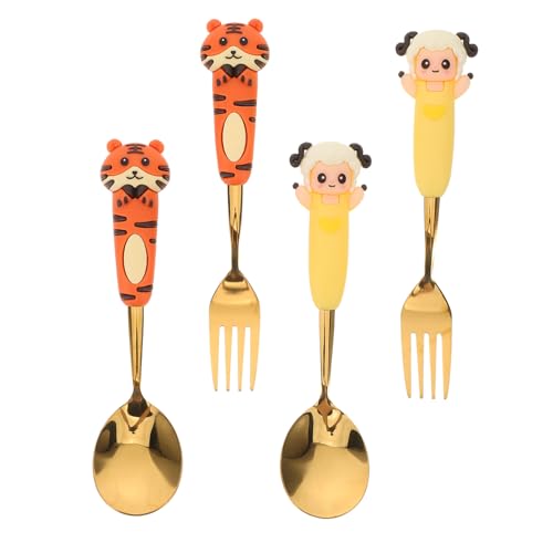 INOOMP 4 Stück Cartoon -Tabellengeschirrset Niedliche Kinderutensilien süßes Geschirr Suppenlöffel für Edelstahllöffel Utensilien Dessertlöffel Rostfreier Stahl Golden von INOOMP