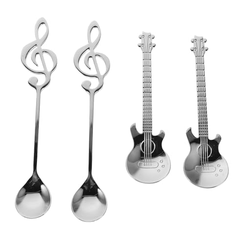 INOOMP 4 Stück Musikgitarren-Kaffeelöffel aus Edelstahl mit Musiknoten, Rührlöffel für Tee und Marmelade, kreative Dessert-Teelöffel mit Musiknoten für den Einsatz im Homeoffice von INOOMP