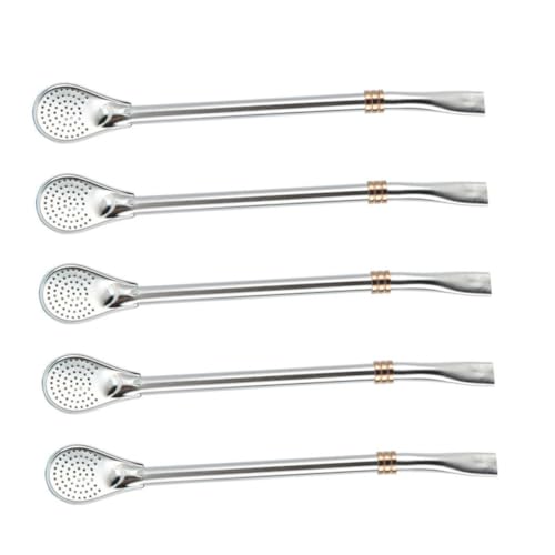 INOOMP 5 Stück Teiliges Edelstahl Rührlöffel mit Filterfunktion Rostfrei Vielseitig als Strohhalm und Löffel Nutzbar Polierte Oberfläche für Bar Bistro Milchtee und Gastronomie von INOOMP