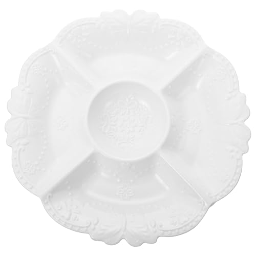 INOOMP Europäische Keramik servierplatte mit Geprägtem Muster Fächer Snack Desserttablett Hitzebeständig Leicht Glatte Oberfläche für Obst und Trockenfrüchte Weiß von INOOMP